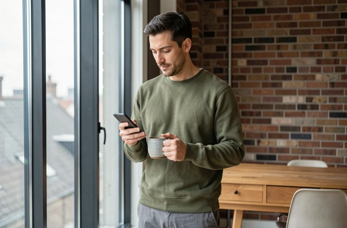 Homme consultant l'application Zalando sur smartphone dans un appartement urbain moderne avec vue sur la ville