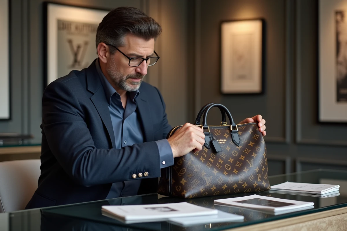 Homme utilisant une loupe pour inspecter le code date d'un sac Louis Vuitton Speedy dans une boutique d'authentification de luxe