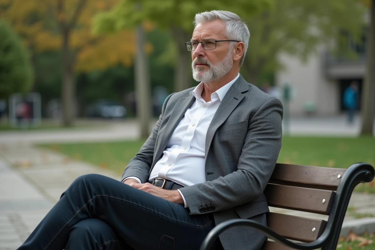 Homme d age assis sur un banc de parc avec une ceinture noire