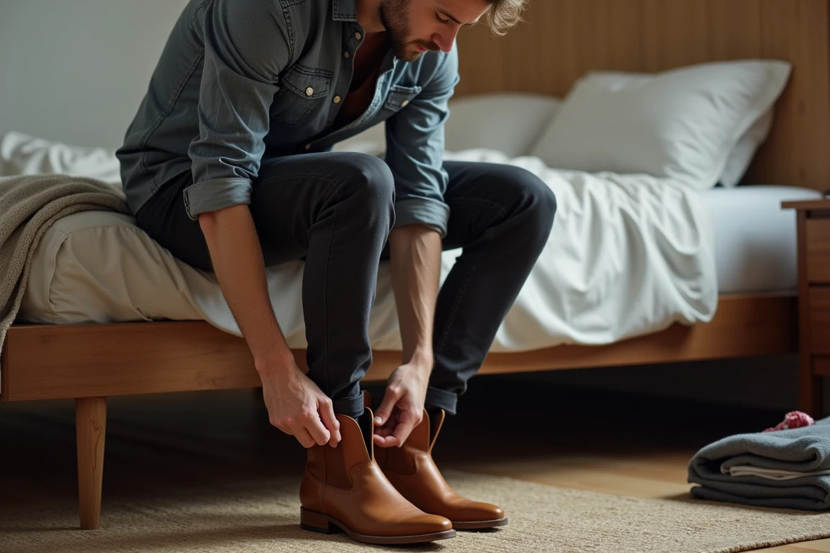 Homme assis sur un lit qui lace ses bottes santiag caramel pour créer une tenue casual avec des pièces déjà dans son dressing