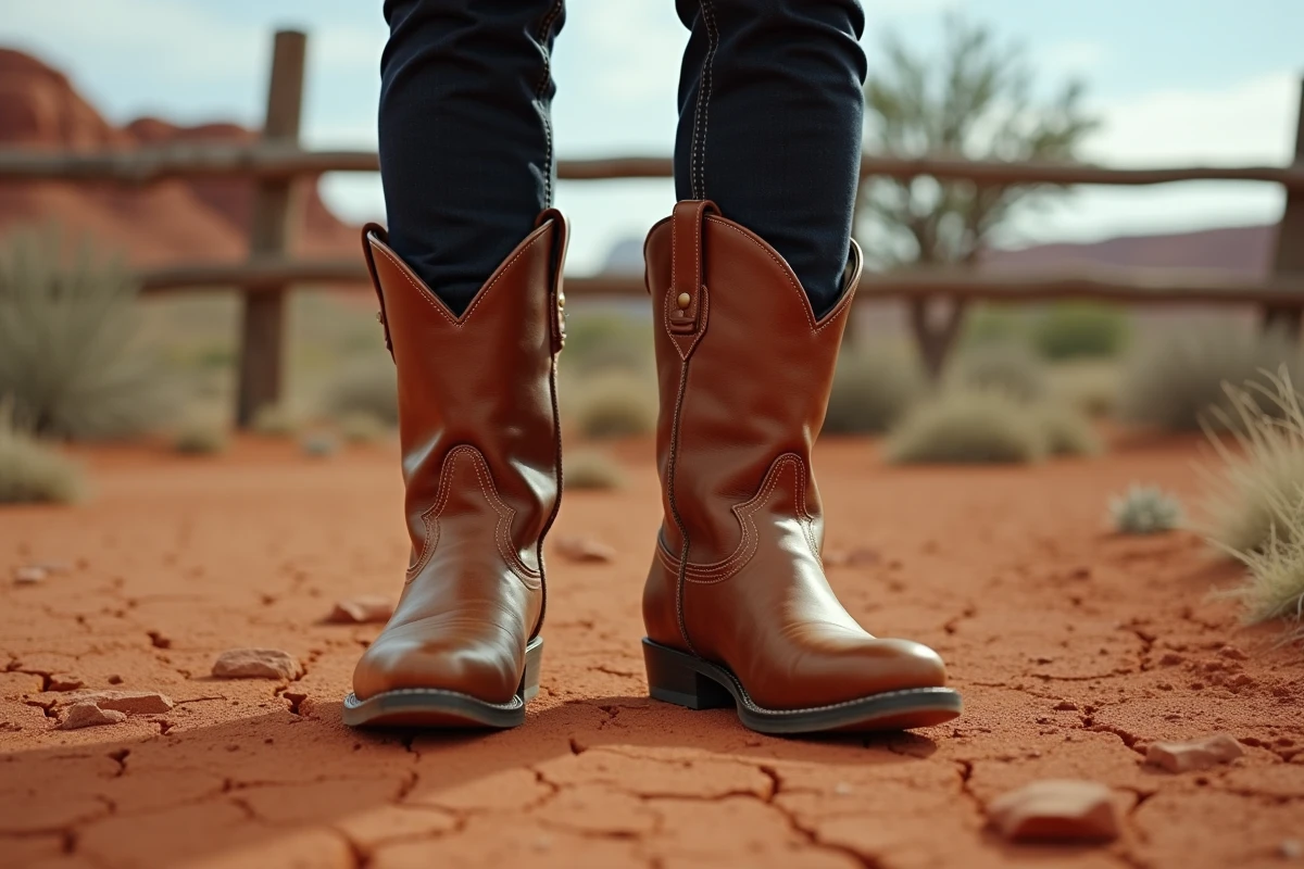 Homme portant des bottes cowboy en cuir cognac avec jean slim, vue en contre-plongée sur terrain aride mettant en avant la qualité de construction et du cuir