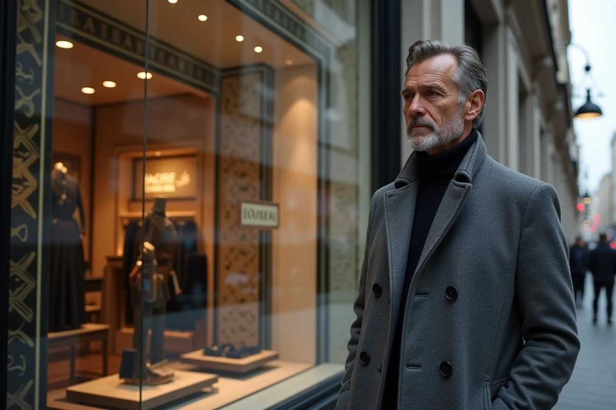 Homme élégant devant une boutique de luxe en rue animée