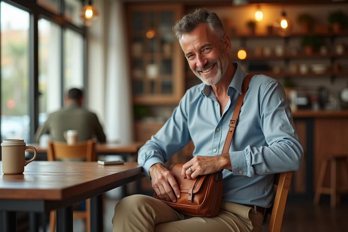Homme assis au café avec sac en cuir dans la main