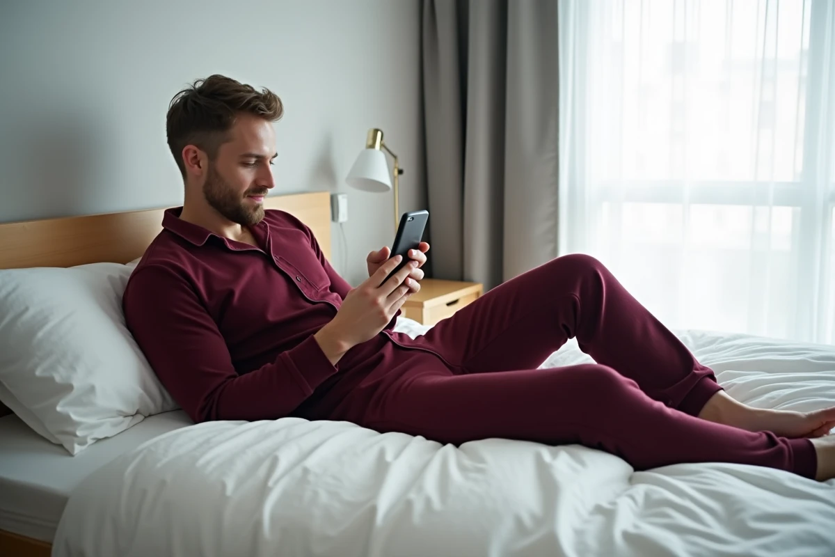 Homme adulte en combinaison pilou bordeaux allongé sur un lit blanc dans une chambre minimaliste