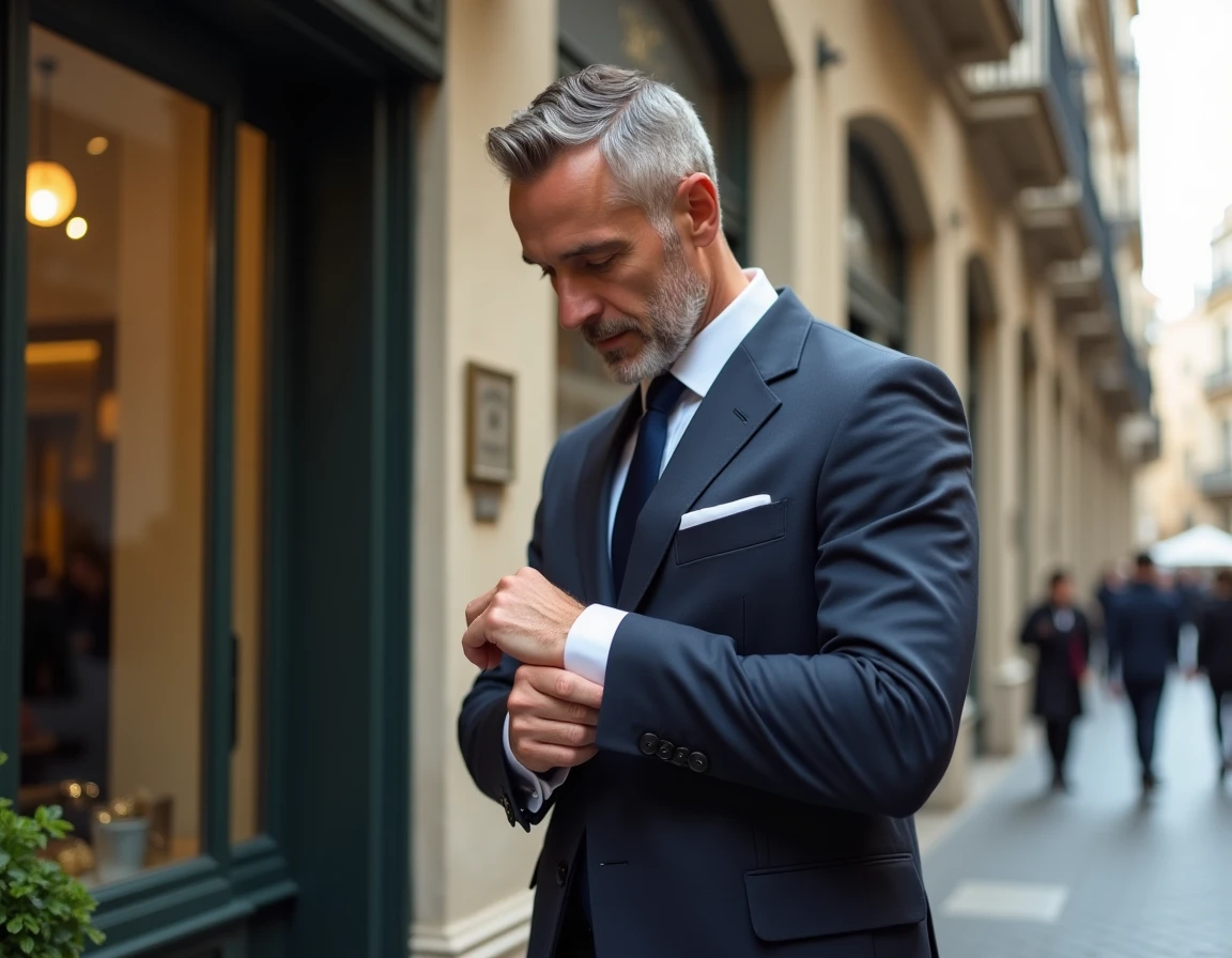 Homme en costume sur mesure devant une façade de boutique couture dans le centre de Nice