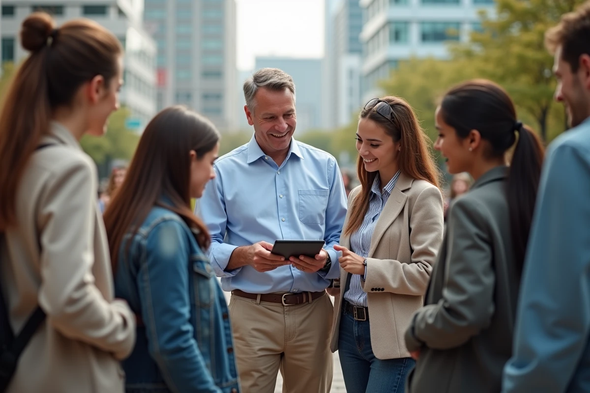 Homme discutant avec des jeunes en ville