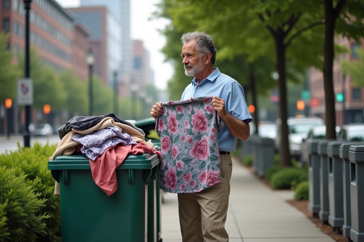 Homme examinant un T-shirt dans un centre de dons