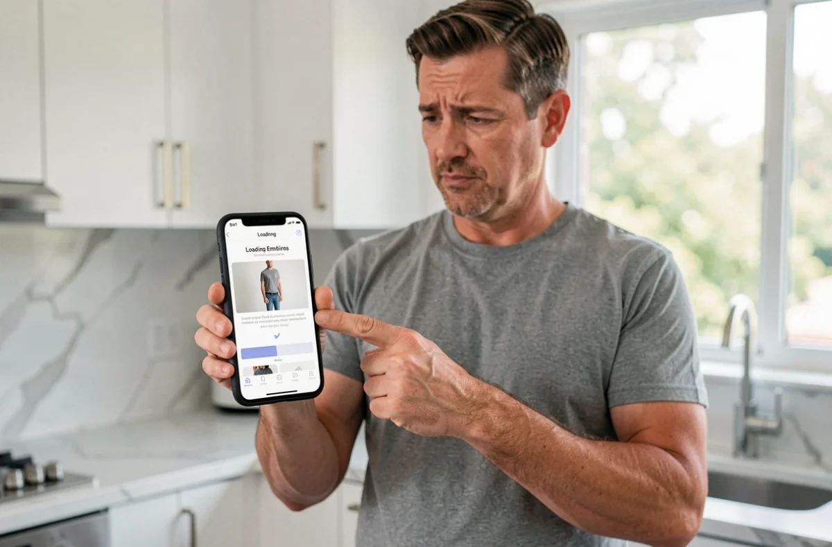 Homme consultant une application de vêtements en ligne affichant une erreur sur son smartphone dans une cuisine moderne