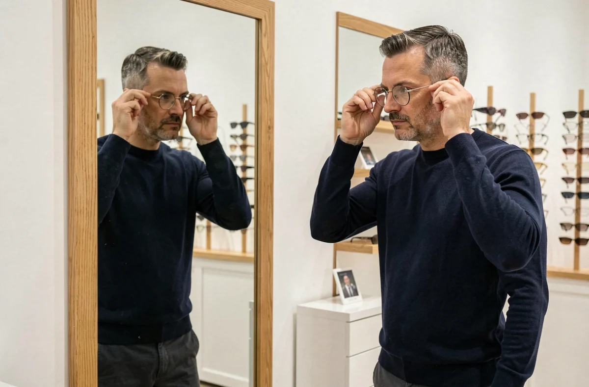 Homme aux cheveux poivre et sel essayant des lunettes rondes en métal devant un miroir d'optique, guide du style de montures adapté à la morphologie du visage masculin