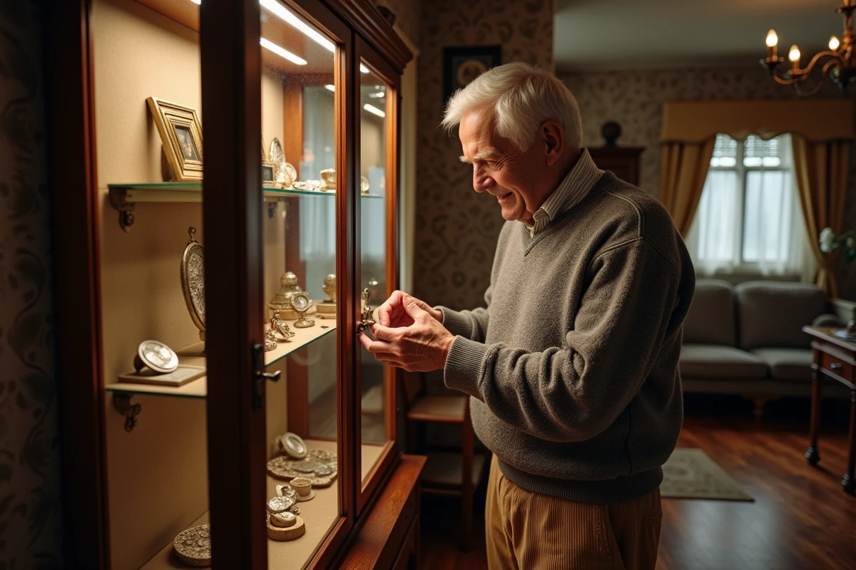 Homme âgé examinant une pièce de collection dans un salon traditionnel