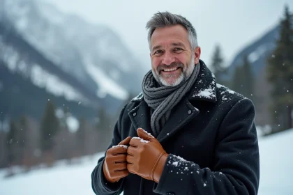 Homme d'âge moyen ajustant ses gants en hiver