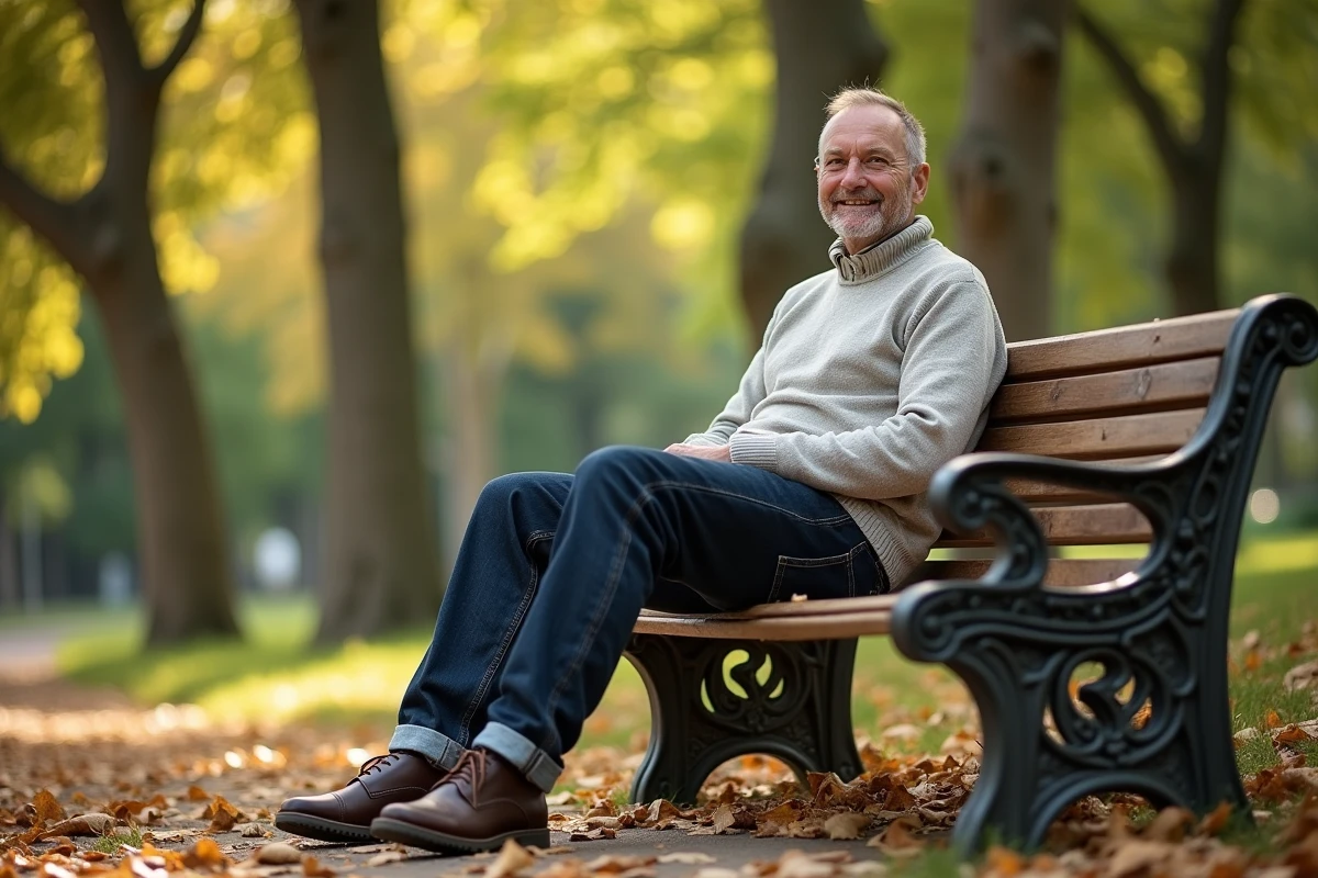 Homme assis sur un banc en jeans décontractés
