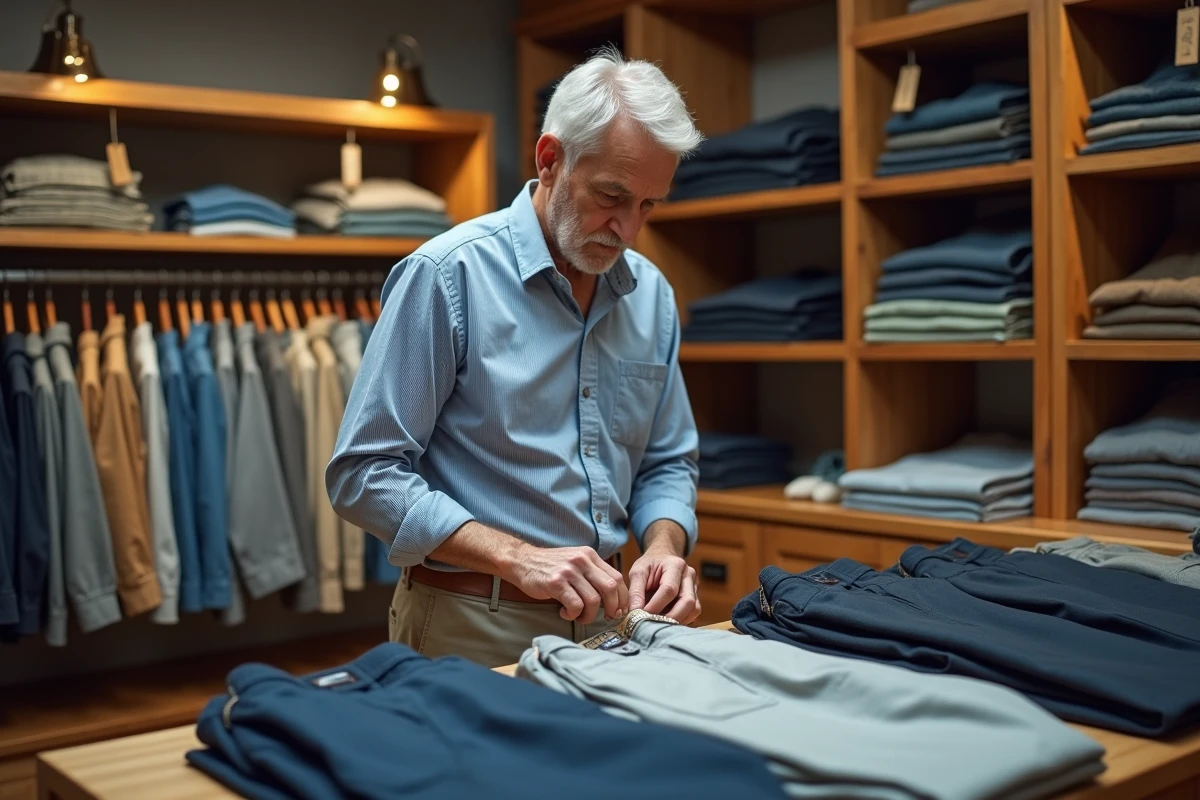 Homme mesurant un pantalon dans un magasin de vêtements organisé