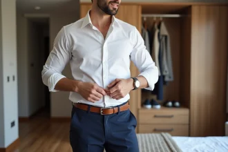 Homme élégant ajustant sa ceinture mode dans une chambre moderne