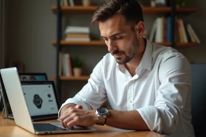 Homme examinant une montre de luxe Rolex achetée en ligne sur son bureau à domicile