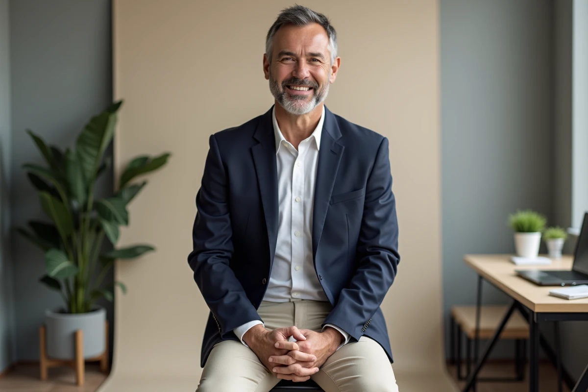 Homme en costume assis dans un studio professionnel