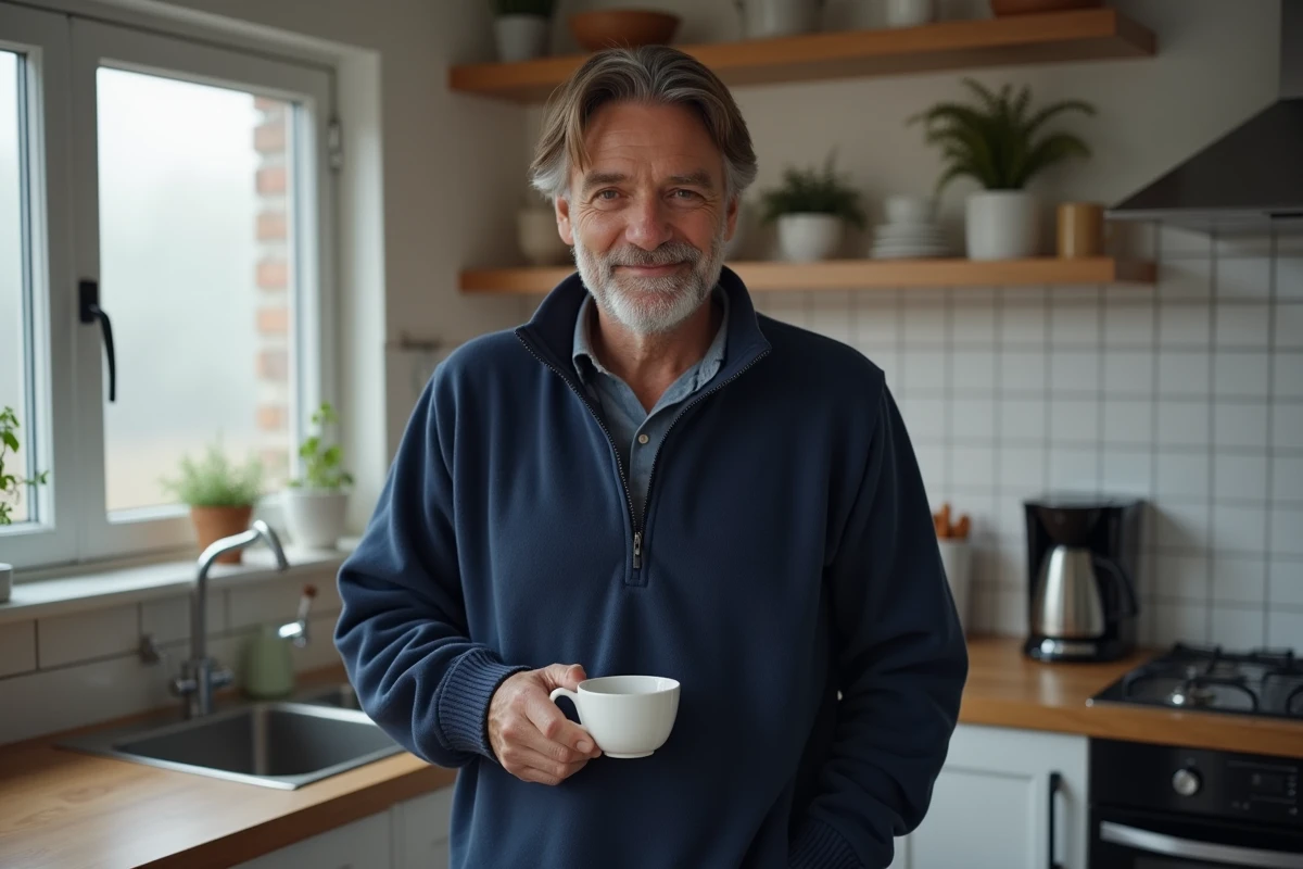 Homme en pyjama pilou bleu marine préparant son café dans une cuisine moderne au matin