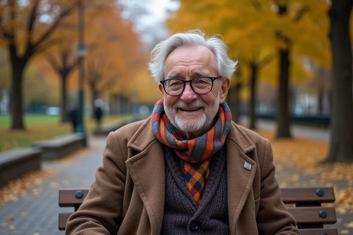 Homme âgé souriant assis dans un parc en automne