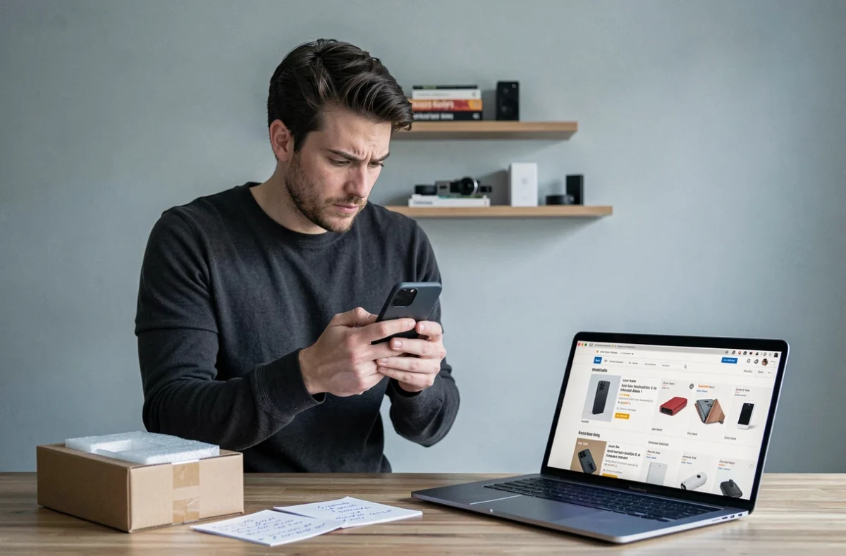 Homme comparant des offres de reconditionnés sur Back Market et des plateformes de revente en ligne