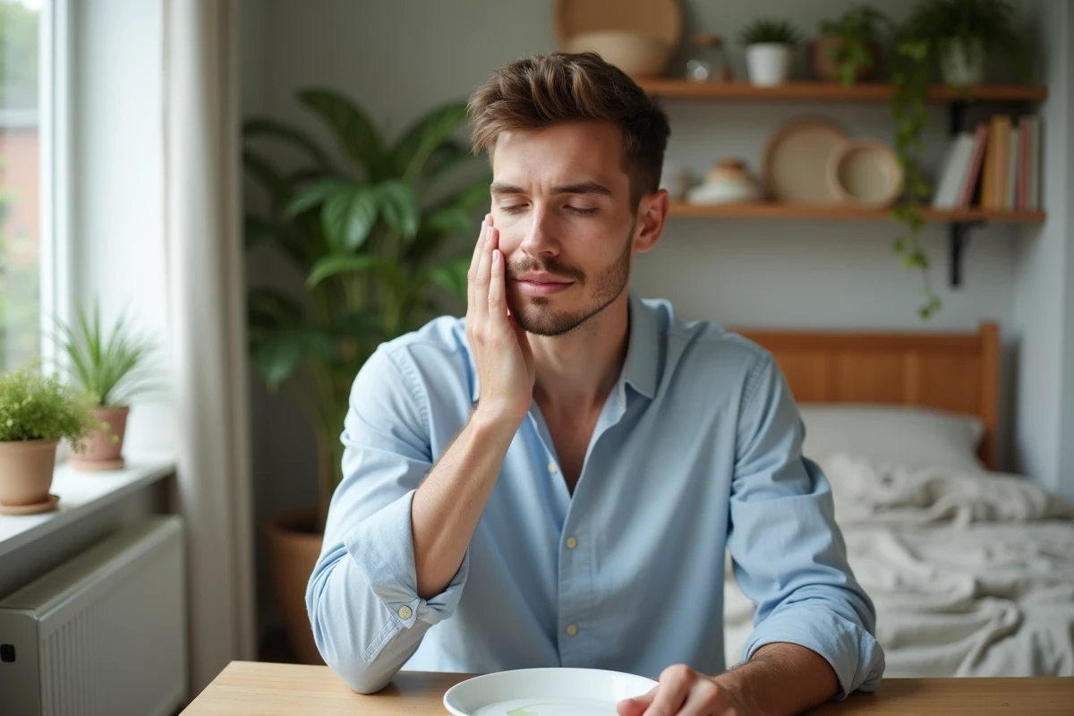 Jeune homme appliquant une creme visage dans sa chambre lumineuse