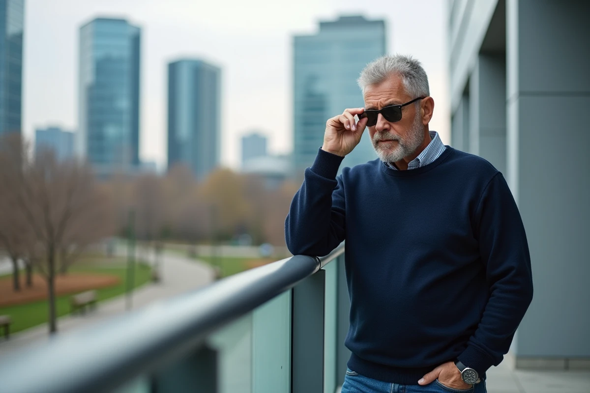 Homme ajustant ses lunettes sur une terrasse urbaine