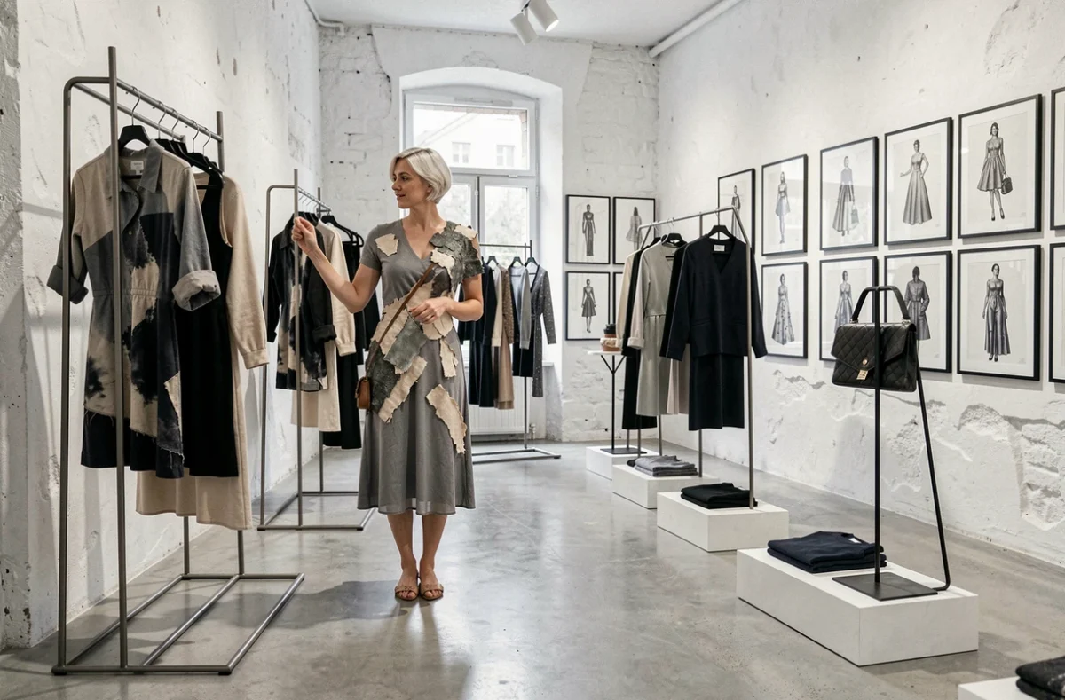 Boutique de mode créateur Indies à Strasbourg avec une cliente en robe artisanale originale