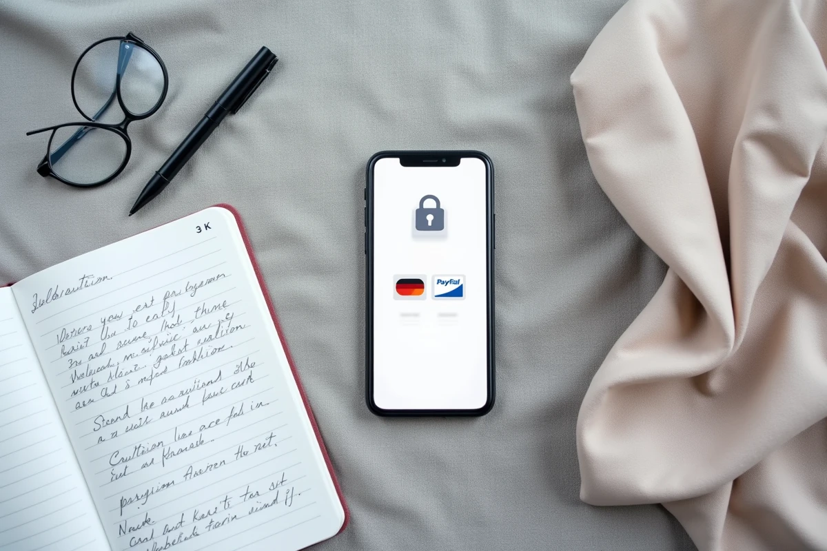 Vue aérienne d'un smartphone affichant une interface de paiement sécurisé avec icônes de moyens de paiement sur fond de tissu lin