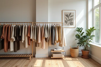 Intérieur d'une boutique de mode indépendante avec des portants en lin et soie, parquet en bois et plantes vertes — atmosphère éditoriale et chaleureuse