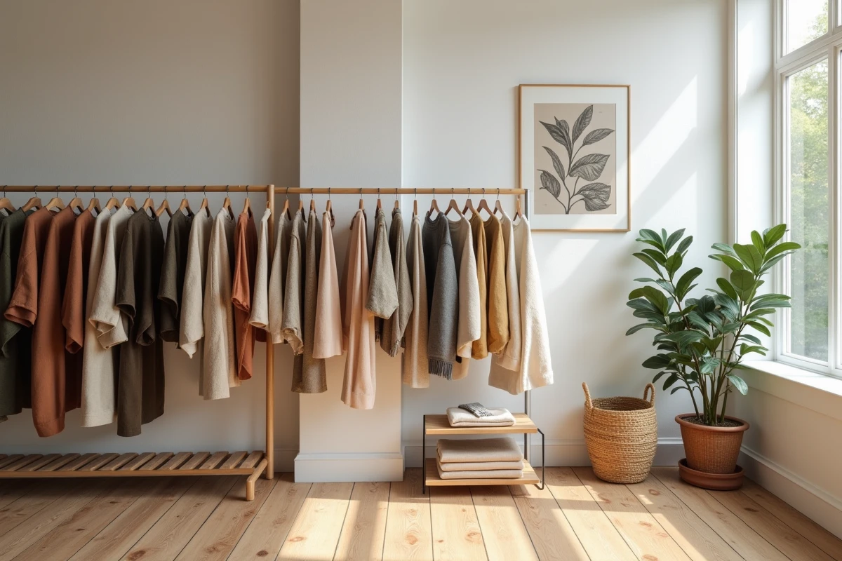 Intérieur d'une boutique de mode indépendante avec des portants en lin et soie, parquet en bois et plantes vertes — atmosphère éditoriale et chaleureuse