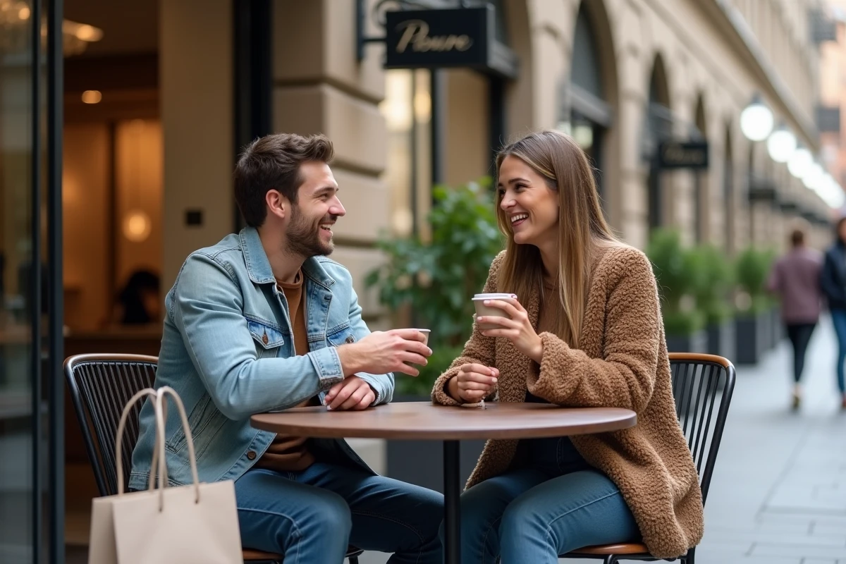 Jeune couple souriant au café en ville avec sacs de shopping