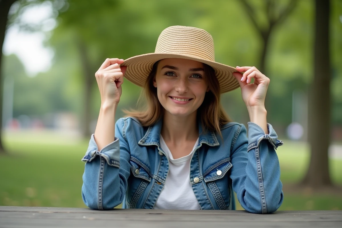 Jeune femme en denim essayant un petit chapeau en paille dans un parc urbain