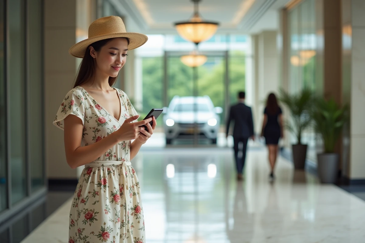 Jeune femme en robe fleurie dans un hall moderne