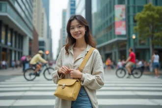 Jeune femme en ville ajustant un sac banane en toile