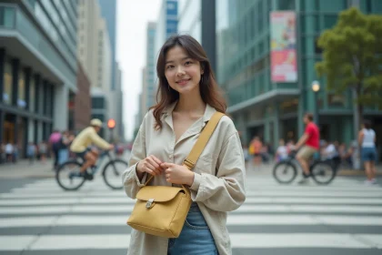 Jeune femme en ville ajustant un sac banane en toile