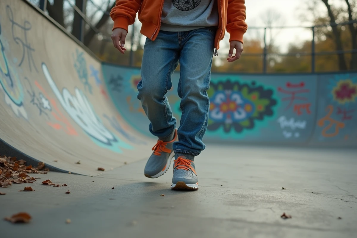 Garçon adolescent montrant ses chaussures dans un skatepark
