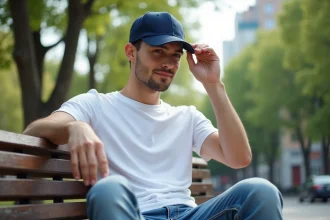 Jeune homme décontracté ajustant sa casquette en ville