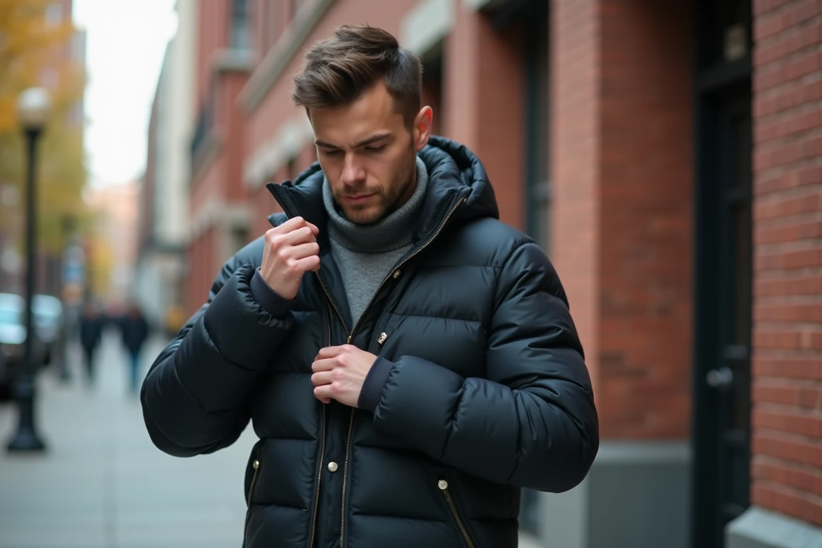 Jeune homme attachant la capuche de son manteau d