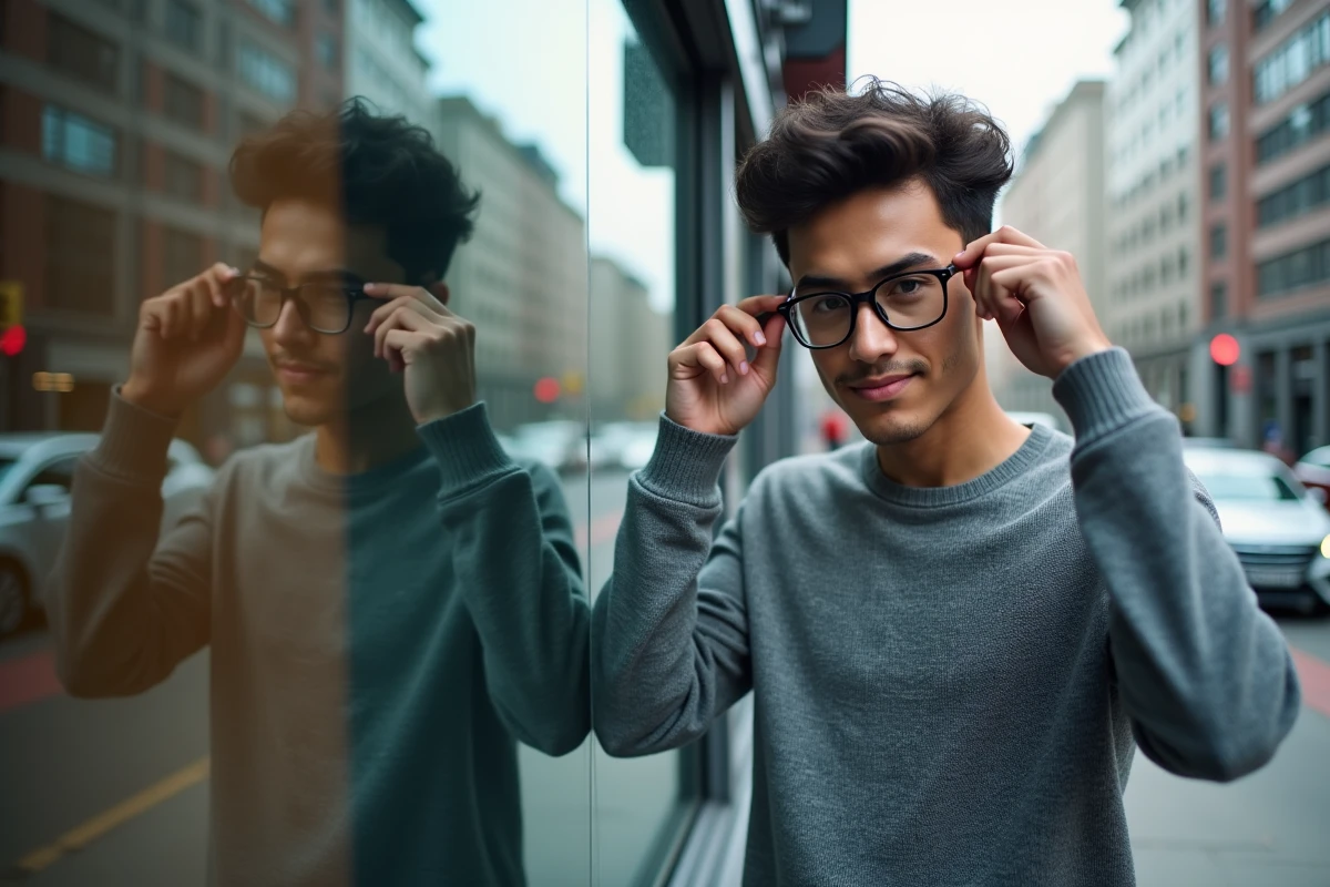 Jeune homme ajustant ses lunettes devant une vitrine en ville