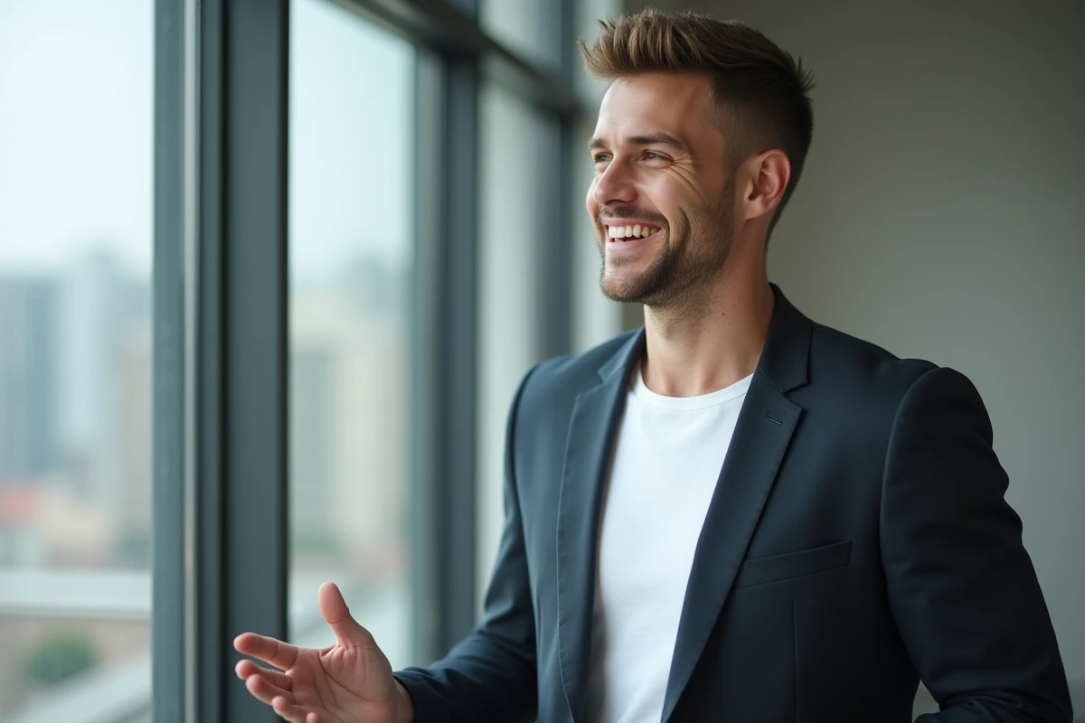 Jeune homme confiant en intérieur avec blazer blanc