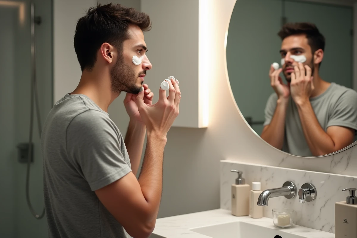 Jeune homme appliquant une creme sur ses joues dans la salle de bain