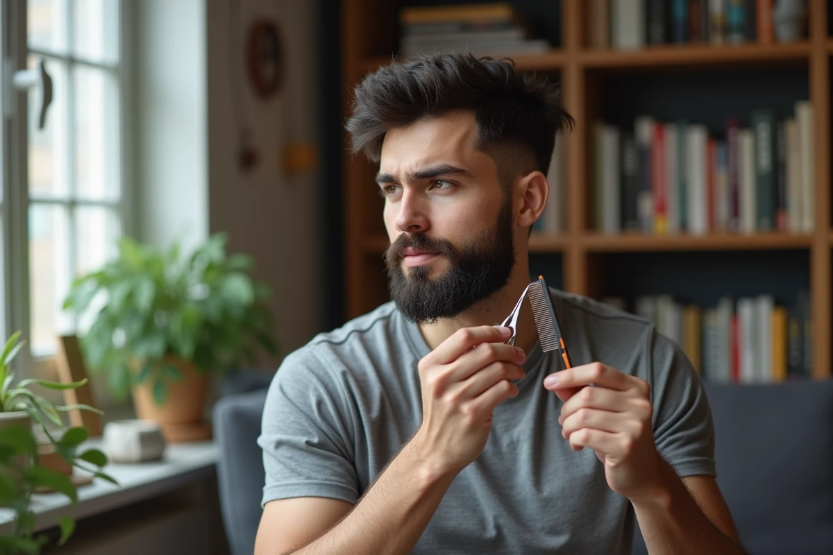 Jeune homme se coupant la barbe avec ciseaux et peigne