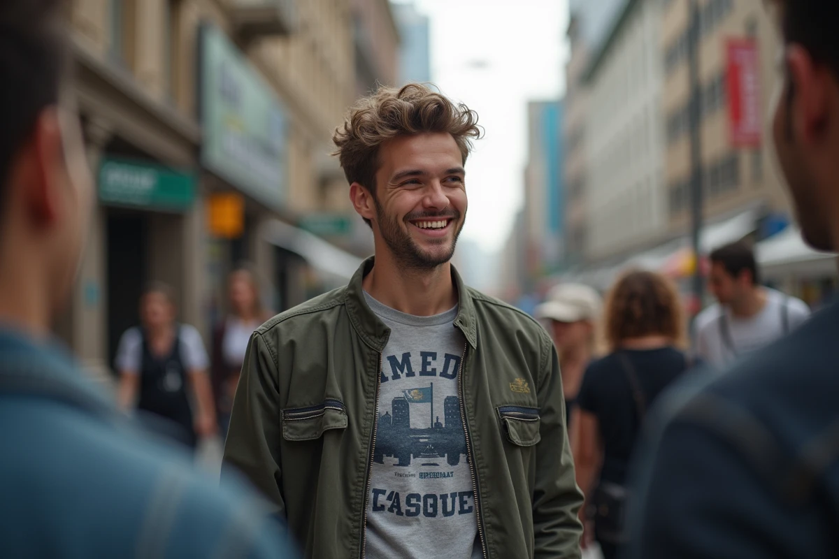 Jeune homme en extérieur parlant à des fans dans la ville
