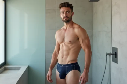 Homme portant un kangourou slip bleu marine dans une salle de bain moderne et minimaliste, illustrant le style et le confort du sous-vêtement