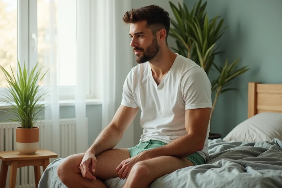 Homme détendu en kangourou slip vert sauge assis sur le bord d'un lit dans une chambre moderne, alliant confort quotidien et style contemporain
