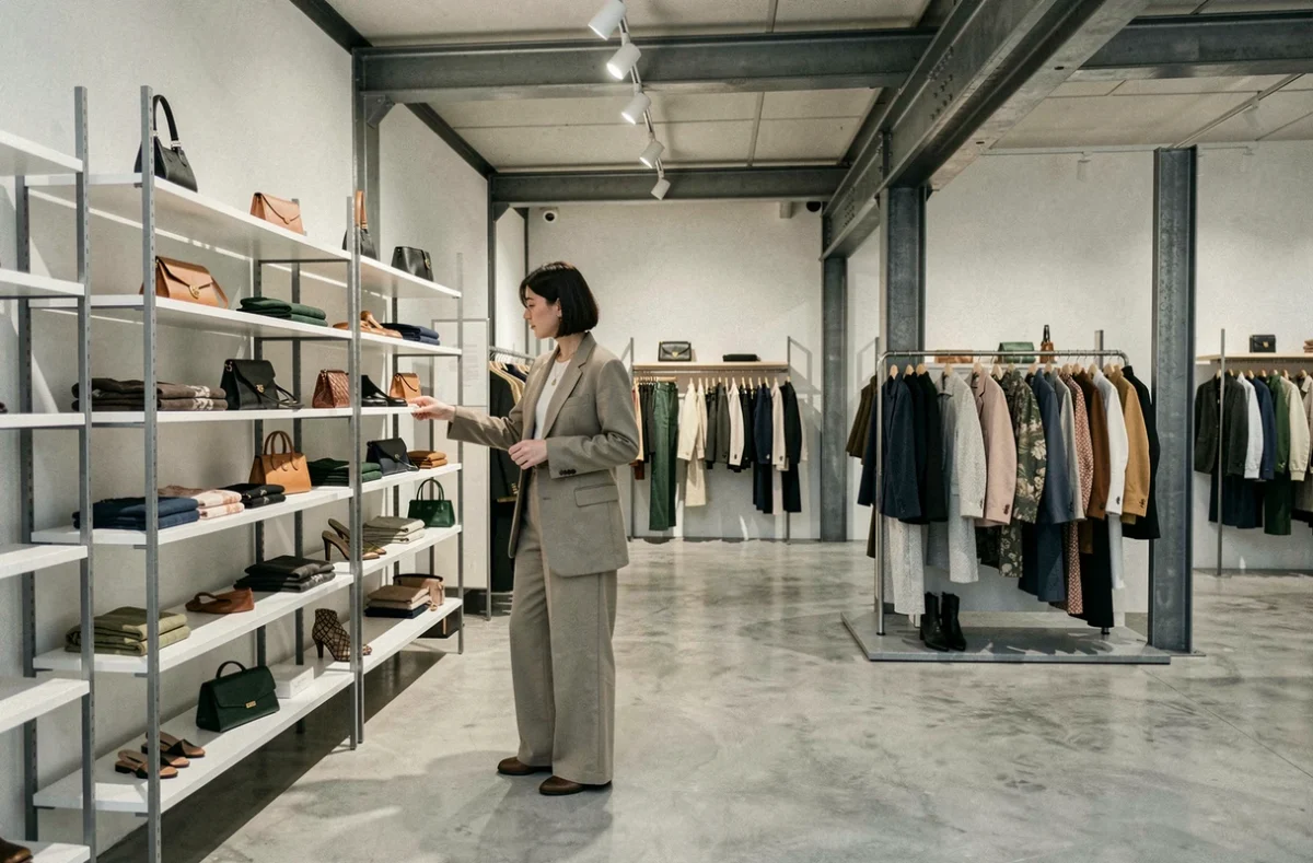 Intérieur épuré du concept store Khôl avec une cliente parcourant une sélection mode à Strasbourg