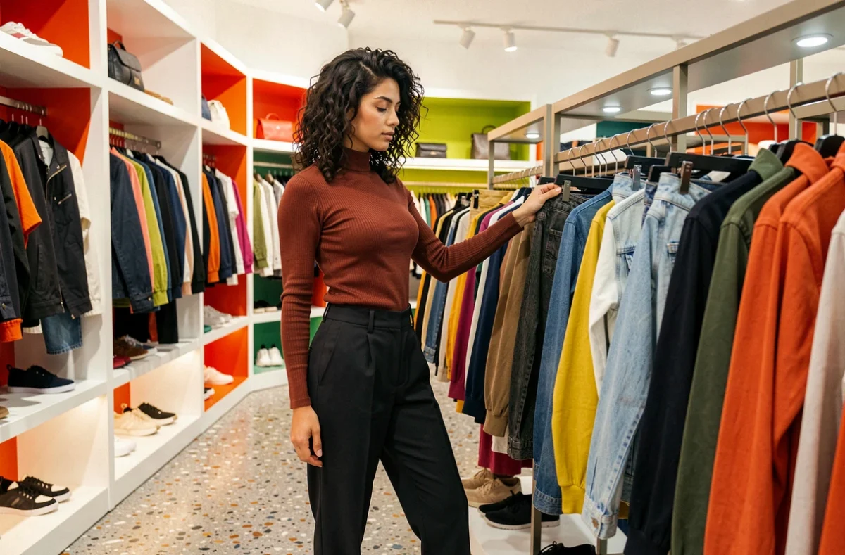 Femme branchée parcourant les vêtements Kookaï dans la boutique strasbourgeoise