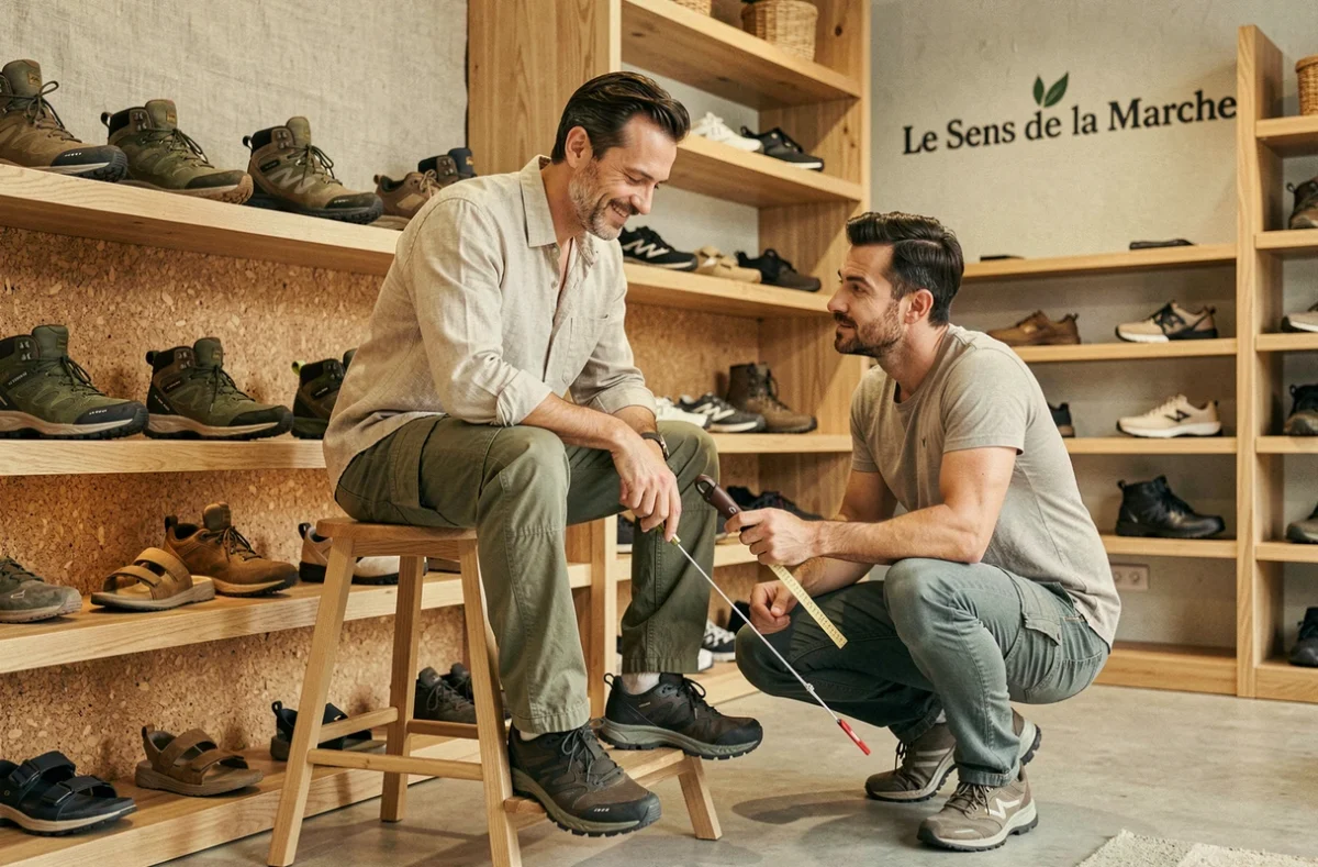 Client essayant des chaussures de randonnée au Sens de la Marche, accompagné d'un conseiller dans une boutique spécialisée en Occitanie