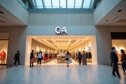 Façade du magasin C&A dans la galerie marchande de Noyelles-Godault avec des vitrines de vêtements et des clients en train de faire du shopping