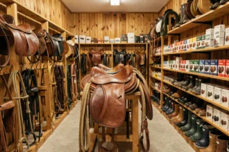 Intérieur d'un magasin western équestre en France avec selles en cuir, brides et équipements professionnels pour clubs équestres