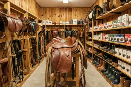 Intérieur d'un magasin western équestre en France avec selles en cuir, brides et équipements professionnels pour clubs équestres